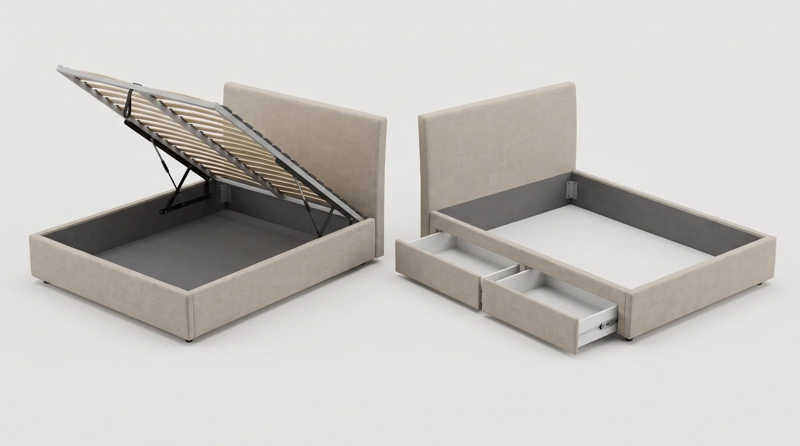 Две кровати рядом: у левой поднято основание с ламелями, у правой выдвинуты два ящика из цоколя